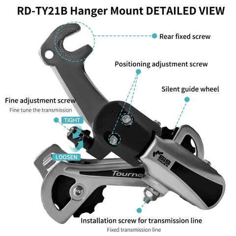 Detailed view of 6/7 Speed Derailleur Hanger Mount in silver aluminum alloy with labeled screws and positioning features.