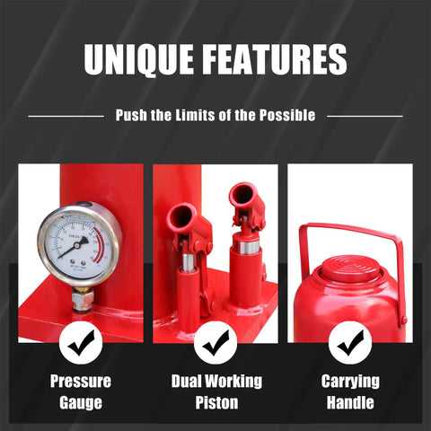 Unique features of 32 Ton Hydraulic Bottle Jack With Pressure Gauge And Slow Release, including dual piston and handle