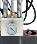 Close-up of No Sweat Automatic Vacuum Bottle Capper With Responsive Foot Pedal And Smart Touchscreen gauge and pneumatic components.