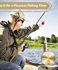 Man fishing by lake with portable barometer in view, showing Three In One All Season Wall Hanging Weather Station With Thermometer Barometer And Hygrometer For Home And Office In Fahrenheit Edition Indoor Outdoor Use Accurate Temperature Humidity And Air Pressure Readings.