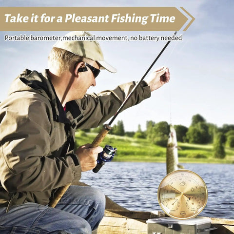 Man fishing by lake with portable barometer in view, showing Three In One All Season Wall Hanging Weather Station With Thermometer Barometer And Hygrometer For Home And Office In Fahrenheit Edition Indoor Outdoor Use Accurate Temperature Humidity And Air Pressure Readings.