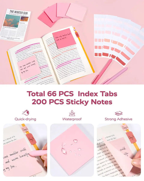 Sticky notes and index tabs from All In One Back To School Supplies Set With Case Including Black Ink Gel Pens, displayed on books.