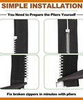 Close-up of fixing zippers with Universal Zipper Repair Kit showing installation steps for jackets, coats, boots, backpacks.