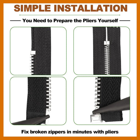 Close-up of fixing zippers with Universal Zipper Repair Kit showing installation steps for jackets, coats, boots, backpacks.