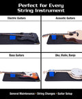 Pro Grade Instrument Work Mat With Neck Cradle Cube Support For Guitars And More, Large 36 Inch By 17 Inch Non Slip Working Surface With Five Angle Adjustable Neck Fit For Guitar, Bass, Banjo, Mandolin, Ukulele, Violin showing different instruments on mat