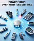 Lr1130 Lr54 And Ag10 Alkaline Button Batteries 1.5V 389 390 Cell 10 Pack on blue background with various electronic devices.
