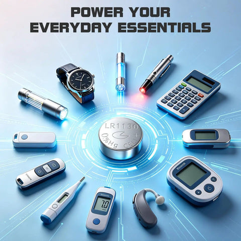 Lr1130 Lr54 And Ag10 Alkaline Button Batteries 1.5V 389 390 Cell 10 Pack on blue background with various electronic devices.