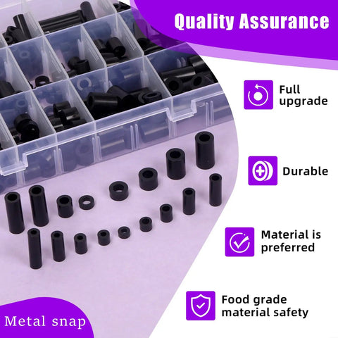 270-Piece Nylon Round Spacer Standoff Kit For M3 To M6 Screws, Black ABS Plastic With 3mm-25mm Lengths, displayed in a box