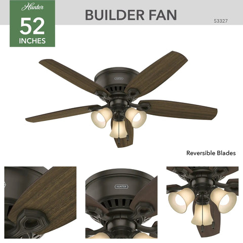 52 Inch Indoor Ceiling Fan With LED Lights, Bronze Finish, Low Profile Flush Mount, 5 Blades, Pull Chain, Built For Bedroom, Living Room, Or Kitchen, No Remote Needed