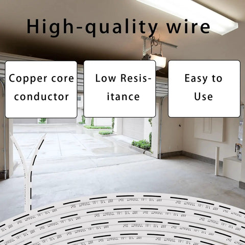 Universal 100 Ft 22 AWG 2-Conductor Garage Door Opener Wire, high-quality copper core with PVC insulation, indoor garage setting.