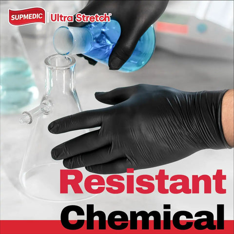 Tough As Nails Black Nitrile Disposable Gloves Hundred Count Five Mil Thick Powder Free Latex Free Safety Gear offering grip during chemical handling.