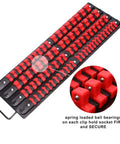 Heavy Duty Portable Socket Organizer Tray Set With Steel Base And ABS Rails In Blue And Red Clips Holds One Quarter Inch Three Eighths Inch And One Half Inch Sockets With Spring Loaded Clips For A Tight Secure Fit, close-up on red clips with ball bearings.