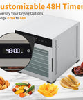 Top Shelf Eight Tray Stainless Steel Food Dehydrator With Kickin 500 Watt Electric Dryer and No Sweat Temp Dialing showing customizable 48H timer.