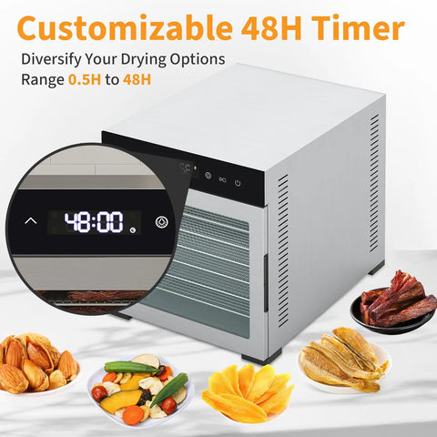 Top Shelf Eight Tray Stainless Steel Food Dehydrator With Kickin 500 Watt Electric Dryer and No Sweat Temp Dialing showing customizable 48H timer.