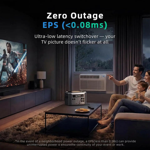 Family enjoying a movie powered by Rock Solid 3200 Watt Portable Power Station With 2048Wh LifePo4 Battery And 400W Solar Panel Pure Sine Wave Inverter.
