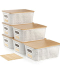 Six Pack Stackable Plastic Storage Bins With Lids And Bamboo Lid, Pantry Organizer Boxes For Shelves, Drawers, Desks, Closets And Office Classrooms, 10x7.1x4.1 Inches
