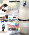 Pool filter air relief valve with pressure gauge mounted on a pool filter; includes gauge plug, O-rings, and clips