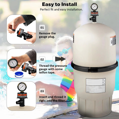Pool filter air relief valve with pressure gauge mounted on a pool filter; includes gauge plug, O-rings, and clips