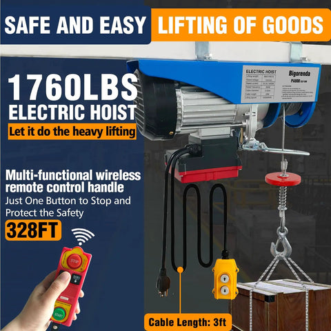 1760 Lb Heavy Duty Electric Hoist With Remote And Wired Control; shown lifting with wireless remote; features include 328ft lift.