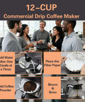 Heavy Duty 1610W 12 Cup Drip Coffee Maker Workhorse With Two Glass Carafes And Warmers Stainless Steel Housing And Funnel Commercial Grade Brewer For Offices Hotels And Home Use in use by group of people