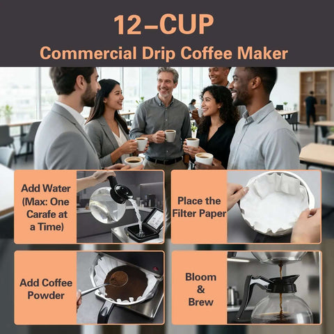Heavy Duty 1610W 12 Cup Drip Coffee Maker Workhorse With Two Glass Carafes And Warmers Stainless Steel Housing And Funnel Commercial Grade Brewer For Offices Hotels And Home Use in use by group of people