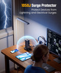 Heavy Duty Tower Power Strip Game Changing Surge Protection With Retractable Cable Featuring Twelve Wide AC Outlets Plus Four Fast Charging USB Ports For Easy Setup on a desk protecting devices.