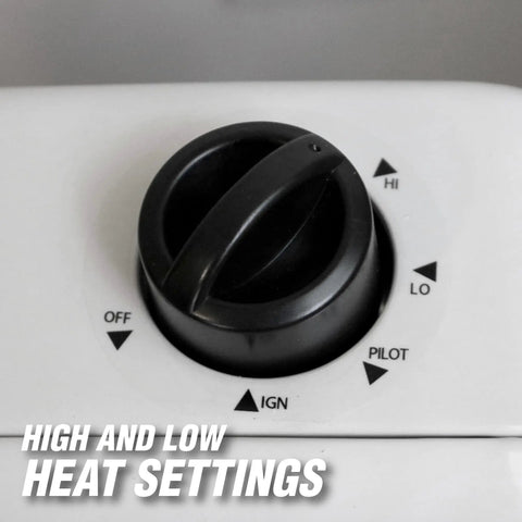 Close-up of the temperature control dial on a 10,000 BTU Vent Free Radiant Propane Heater With Piezo Ignition, shows heat settings.