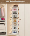 7 Tier Rotating Shoe Rack With 360 Degree Spin in closet, shows 28-32 pairs capacity, lazy susan style, white space saving design.