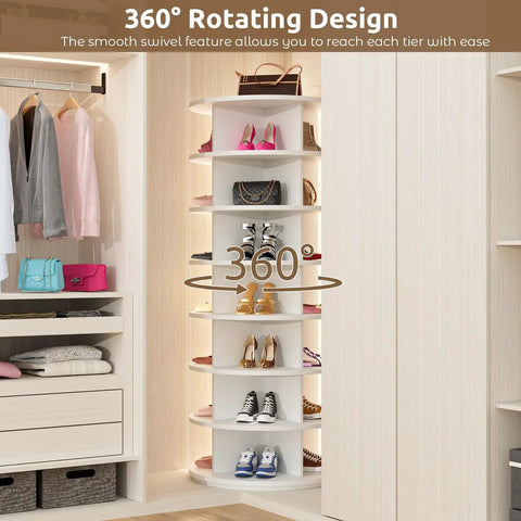 7 Tier Rotating Shoe Rack With 360 Degree Spin in closet, shows 28-32 pairs capacity, lazy susan style, white space saving design.