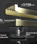 Super Efficient 36 Inch Linear Shower Drain In Brushed Gold with square hole grate and adjustable feet details