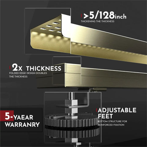 Super Efficient 36 Inch Linear Shower Drain In Brushed Gold with square hole grate and adjustable feet details