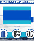 Dimensions of blue Ultralight Parachute Nylon Camping Hammock With Two Tree Straps Supports Up To 600 Lbs and accessories shown.