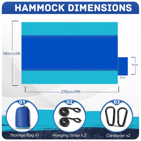 Dimensions of blue Ultralight Parachute Nylon Camping Hammock With Two Tree Straps Supports Up To 600 Lbs and accessories shown.