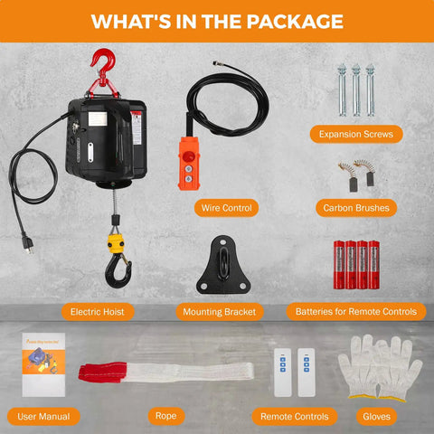 Beefy Portable Electric Hoist With 3 In 1 Control And Copper Motor, Wireless Remote And Wired Control, Lifts Up To 1543 Lbs For Quick Easy Garage Lifts. Package contents shown: hoist, remote, cable, bracket, rope, gloves