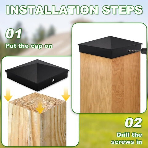 Rock Solid 4x4 Aluminum Post Caps Matte Black Pyramid Fence Covers installation steps on wooden post.