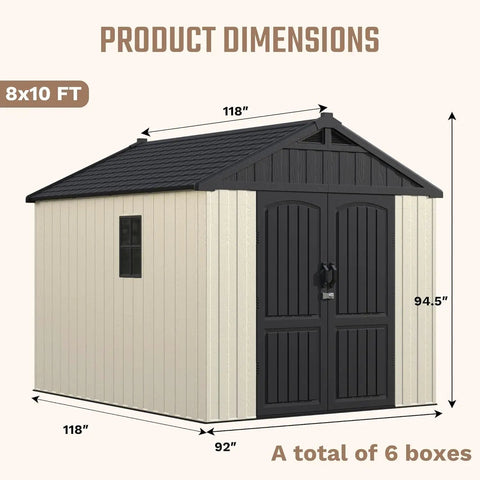 8x10 Ft Plastic Storage Shed With Floor, Durable Resin Outdoor Tool Shed With Window And Lockable Door, dimensions shown