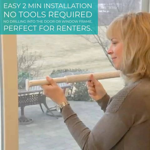 Woman installing Maxi Twist Tight Sliding Door Security Bar Extends 25 To 42 Inches Keeps The Bad Guys Out And Your Home Safe