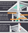 Heavy Duty Four Tier Garage Shelving Rack With Rock Solid Steel Frame showing triangular designs, thickened shelves, and snap-fit assembly.