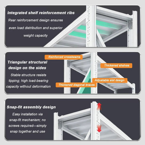 Heavy Duty Four Tier Garage Shelving Rack With Rock Solid Steel Frame showing triangular designs, thickened shelves, and snap-fit assembly.