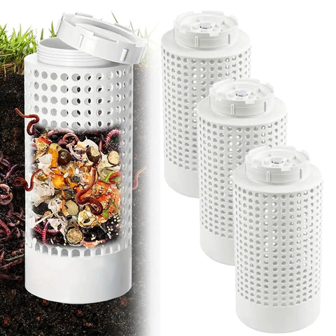 In-Ground No-Fuss All-In-One Compost Bin Kit, 3-Piece PVC Composter Tumbler Set shown with garden waste inside, 4x10 inch size