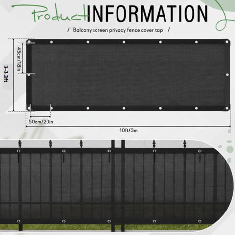 Three Piece Balcony Privacy Screen Set 3.28 x 10 Feet HDPE Fence Cover With Zip Ties For Quick Install On Deck Patio Pool Backyard Porch Railing Provides Durable Privacy Shield And Shade displayed with dimensions and installation