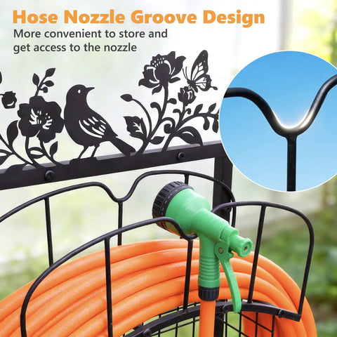 Adjustable Hose Holder With Metal Decor Signs Freestanding Water Hose Reel Stand Holds Up To 150 Ft Of Hose Storage Basket Rack