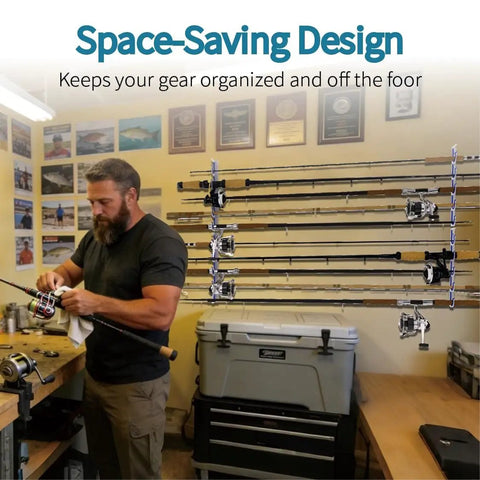 2 Pack 5 Slot Fishing Rod Holder Rack Wall Or Ceiling Mount Heavy Duty Organizer installed on garage wall above tackle boxes
