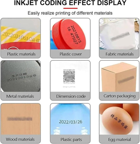 Heavy Duty Date Inkjet Coder And Industrial Printer Prints Crisp Batch Codes On Cartons Plastics Metals And Packaging Works Like A Dream On Production Lines With Zero Drama Setup showing printing effects on various materials.