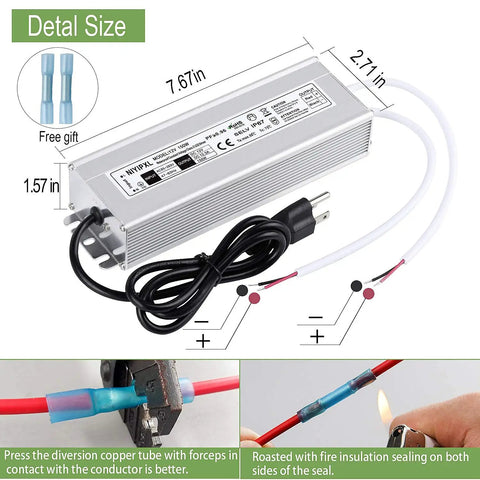 Beefy 150W Waterproof LED Power Supply IP67 85-265V AC To 12V DC Transformer With 3 Prong Plug And 3.3 Ft Cable, dimensions shown