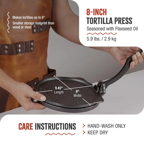 Person using 8 Inch Cast Iron Tortilla Press For Home And Commercial Use, Seasoned With Flaxseed Oil, Non GMO And Kosher Certified.