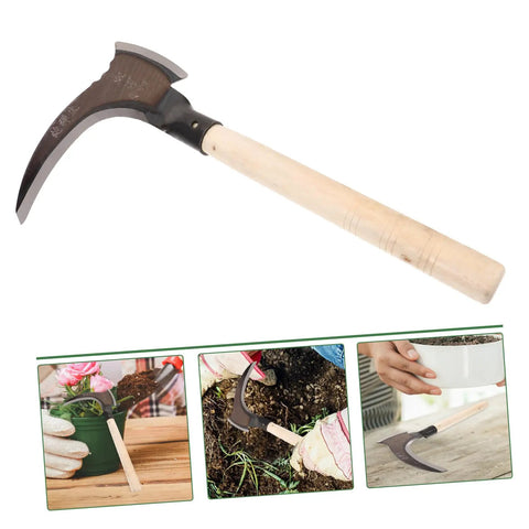 Long Handled Manganese Steel Multi Functional Sickle For Weeding And Harvesting With Ergonomic No Sweat Grip, garden tool close-up