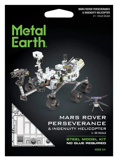 Packaging of Metal Earth Mars Rover Perseverance And Ingenuity Helicopter 3D Metal Model Kit For Ages 14 And Up No Glue Needed.