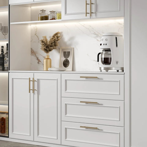 25 Pack Champagne Bronze Cabinet Pulls 3 Inch Drawer Handles installed on modern white kitchen cabinets with brushed stainless steel finish