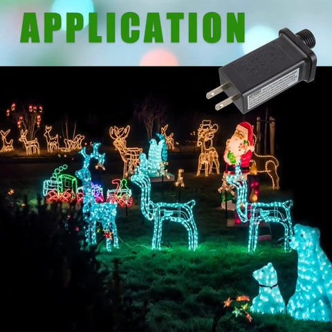 Your Go-To 30V 6W LED Transformer Replacement With 8-Mode Controller For Christmas String Lights And Inflatable Decor, IP44 shown in use with outdoor decorations